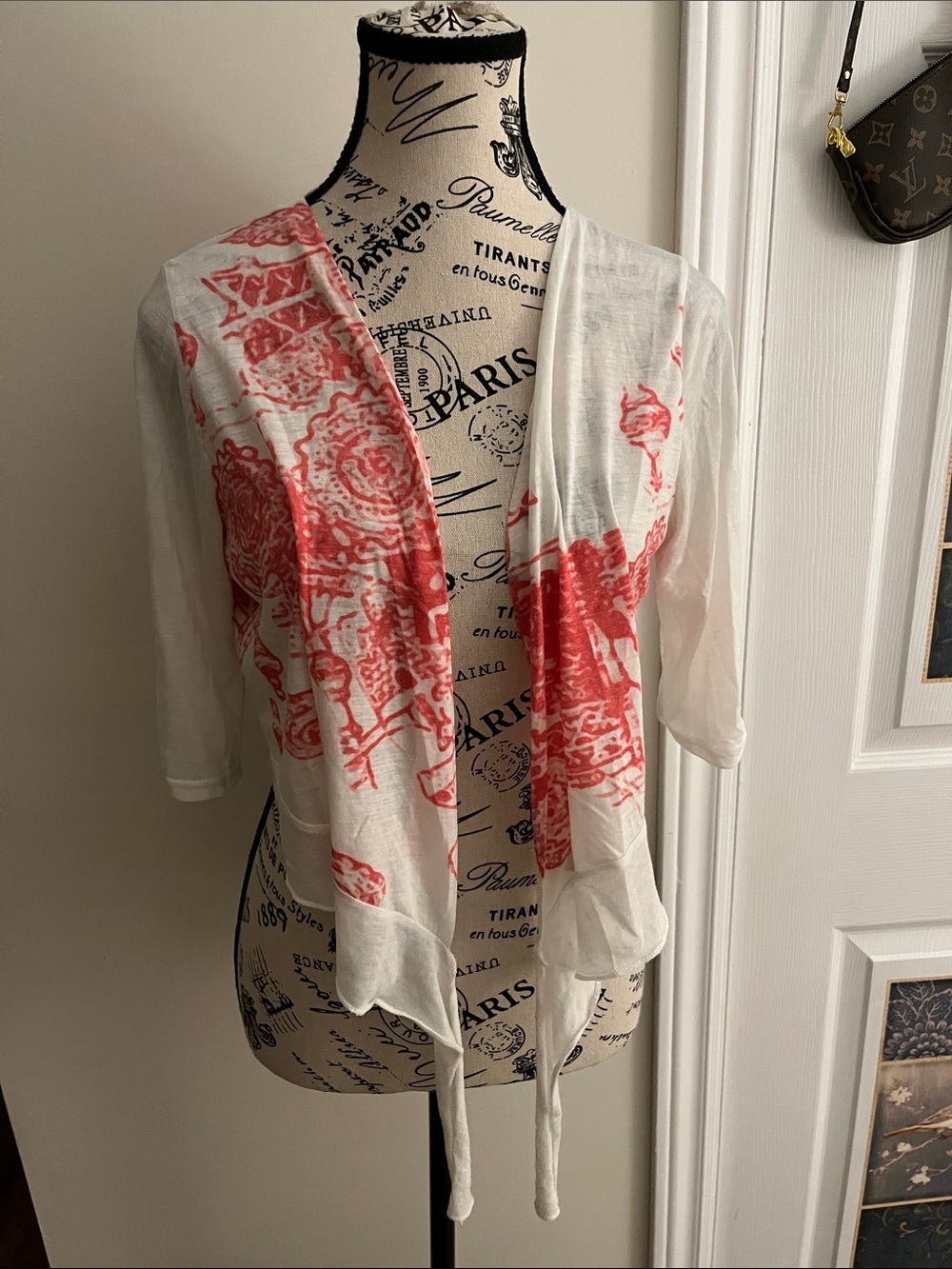 Women's Sheer White Scarf Wrap with Coral Print